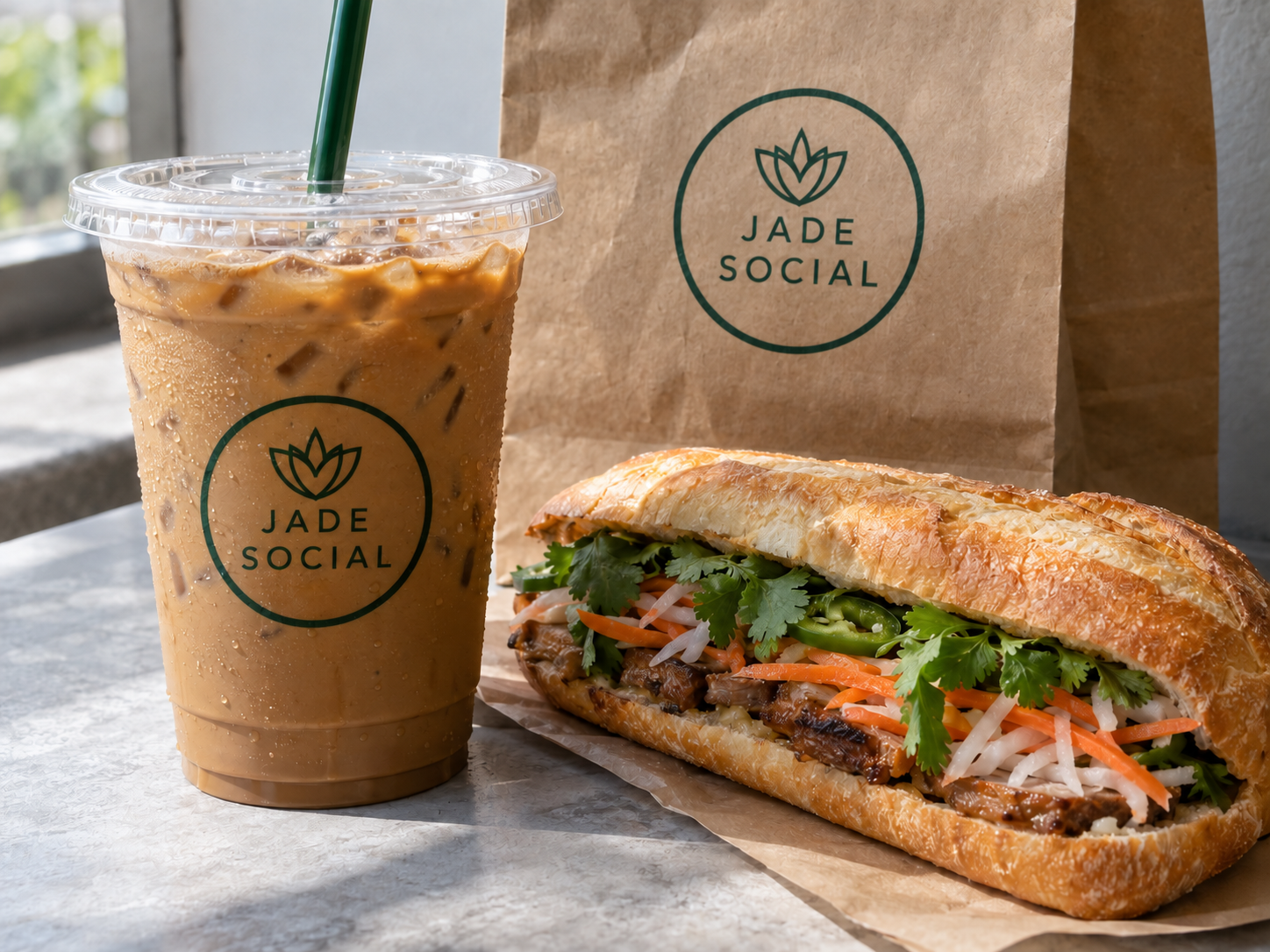 Creamy Vietnamese iced coffee in a clear lotus-branded Jade Social cup beside a bánh mì and brown kraft takeaway bag