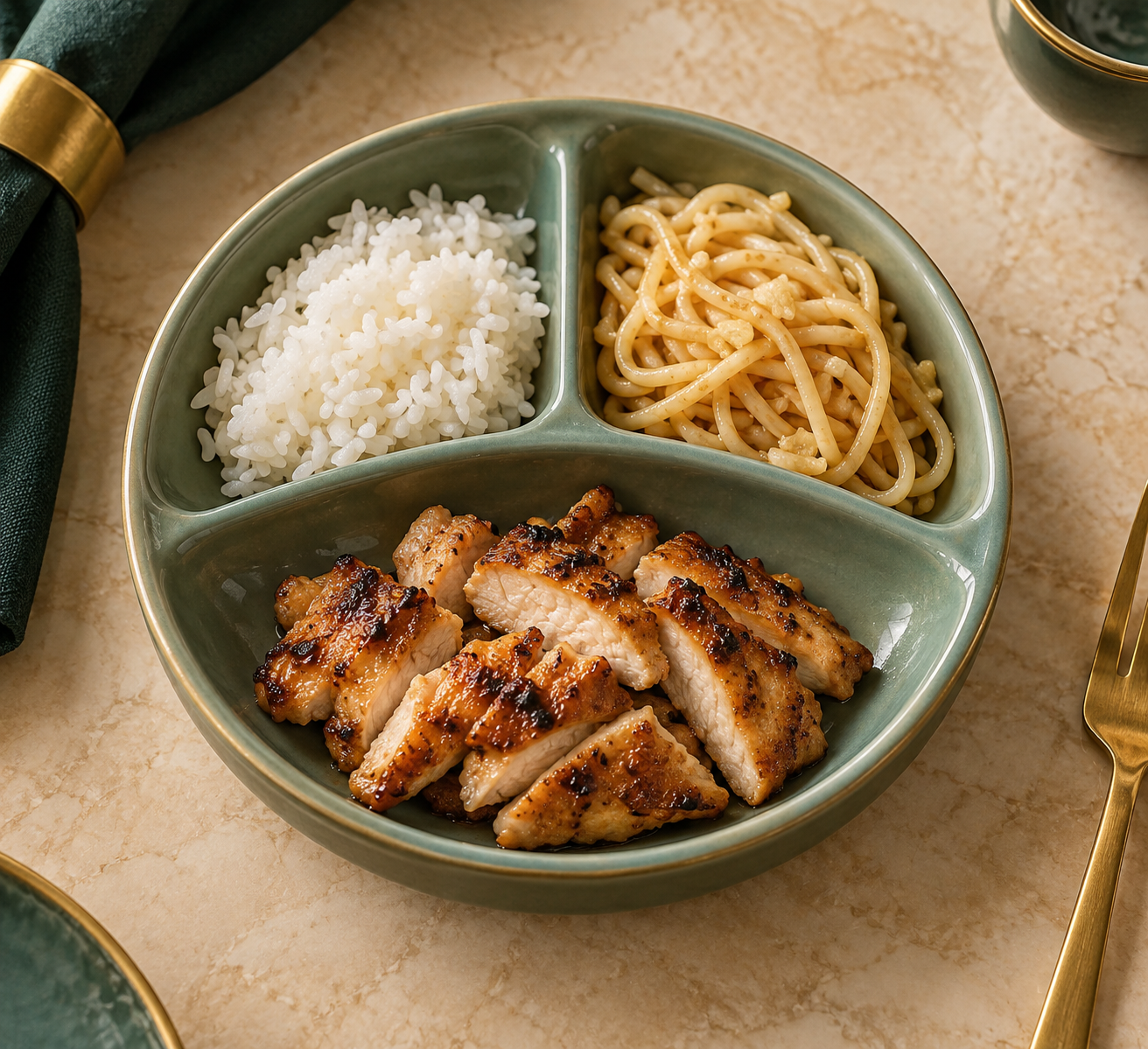 Child-size chicken bowl with jasmine rice and mild noodles