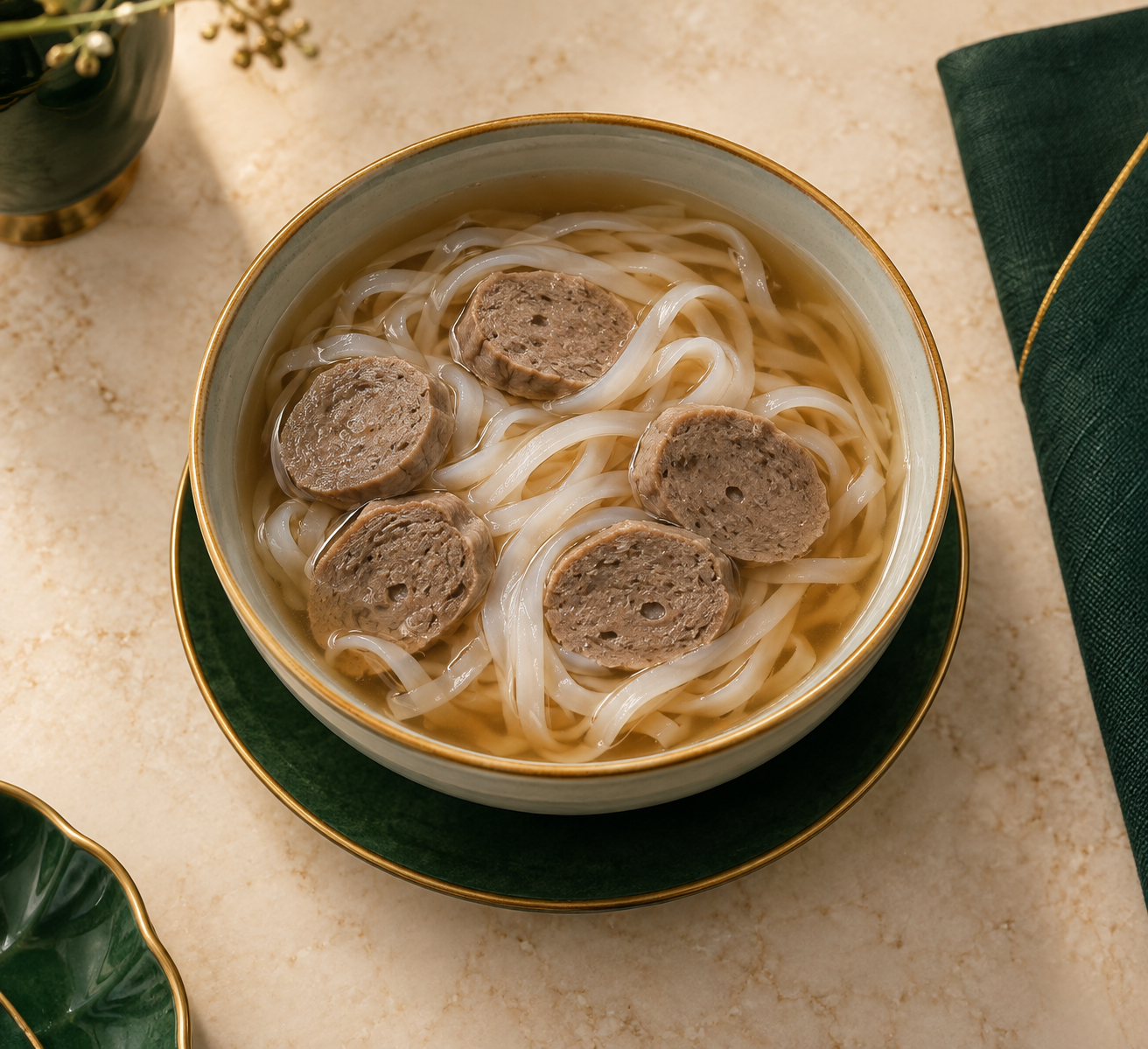 Child-size meatball phở with beef broth and rice noodles